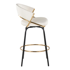 Jie 26" Fixed-Height Contemporary Counter Stool with Swivel in Gold Metal and White Faux Leather with Black Metal Legs and Round Gold Metal Footrest by LumiSource - Set of 2