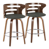 Cosini 26" Mid-Century Modern Fixed-Height Barstool with Swivel in Walnut Wood and Charcoal Fabric with Round Chrome Metal Footrest by LumiSource - Set of 2