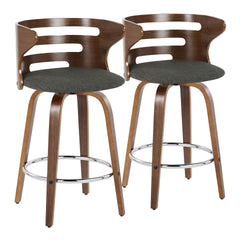 Cosini 26" Mid-Century Modern Fixed-Height Barstool with Swivel in Walnut Wood and Charcoal Fabric with Round Chrome Metal Footrest by LumiSource - Set of 2