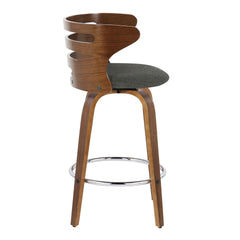 Cosini 26" Mid-Century Modern Fixed-Height Barstool with Swivel in Walnut Wood and Charcoal Fabric with Round Chrome Metal Footrest by LumiSource - Set of 2