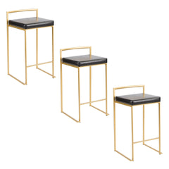 Fuji 26" Contemporary Counter Stool in Gold Metal with Black Faux Leather by LumiSource - Set of 3