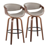 Symphony 30" Mid-Century Modern Fixed-Height Barstool with Swivel in Walnut Wood and Pewter Grey Faux Leather with Round Black Metal Footrest by LumiSource - Set of 2