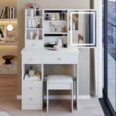 29.2 inch Small Size Left Drawer Desktop Vanity Table + Cushioned Stool, Large Sliding, Touch Control, Tri-color Switching, Brightness Adjust LED Mirror, High Capacity Storage, Suitable for Small Space