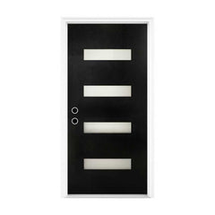 32 x 80 Fiberglass Entry Door with Brickmould, Frosted Glass - Contemporary Style for Home's Front Entrance, Right Hand Inswing, Black Finished Knock-Down Fiberglass Door with 4-9/16 White Vinyl Frame
