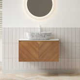 RUBEN 30" Bathroom Vanity&Sink, Floating Plywood Storage Cabinet, Twill Double Doors with Metal Trim, Marble Pattern Ceramic Vessel Basin&Carrara White Sintered Stone Top, Brown Oak Woodgrain Color