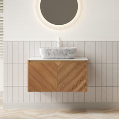 RUBEN 30" Bathroom Vanity&Sink, Floating Plywood Storage Cabinet, Twill Double Doors with Metal Trim, Marble Pattern Ceramic Vessel Basin&Carrara White Sintered Stone Top, Brown Oak Woodgrain Color