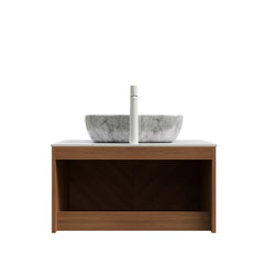 RUBEN 30" Bathroom Vanity&Sink, Floating Plywood Storage Cabinet, Twill Double Doors with Metal Trim, Marble Pattern Ceramic Vessel Basin&Carrara White Sintered Stone Top, Brown Oak Woodgrain Color