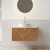 RUBEN 30" Bathroom Vanity&Sink, Floating Plywood Storage Cabinet, Twill Double Doors with Metal Trim, Matte Stone Pattern White Round Ceramic Basin&Sintered Stone Top, Brown Oak Woodgrain (New SKU)
