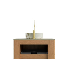 DINA 30" Bathroom Vanity&Sink, Floating Curved Edges Striped Cabinet with Drawer, Round Ceramic Basin with Stone Pattern&Travertine-Pattern Sintered Stone Top, Pre-assembled, Natural Woodgrain Color