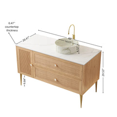 MUNIN 48" Bathroom Vanity with Sink, Freestanding Plywood Storage Cabinet with 4 Metal Legs, Door and 2 Drawers, White Ceramic Basin with Stone Pattern, NO Faucet, Pre-assembled, Oak Woodgrain Color
