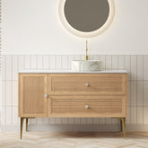 MUNIN 48" Bathroom Vanity with Sink, Freestanding Plywood Storage Cabinet with 4 Metal Legs, Door and 2 Drawers, White Ceramic Basin with Stone Pattern, NO Faucet, Pre-assembled, Oak Woodgrain Color