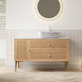 MUNIN 48" Bathroom Vanity&Sink, Freestanding Plywood Storage Cabinet with Legs, 1 Door&2 Drawers, Carrara White Sintered Stone Top&Marble Pattern Rectangle Ceramic Basin, Pre-assembled, Oak Woodgrain