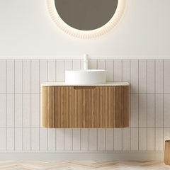 DINA 30" Bathroom Vanity&Sink, Floating Curved Edge Striped Plywood Storage Cabinet with Drawer, White Round Ceramic Basin&Travertine-Pattern Sintered Stone Top, Pre-assembled, Natural Woodgrain Color