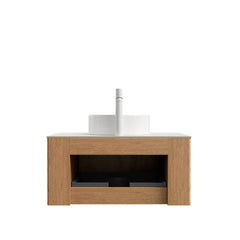DINA 30" Bathroom Vanity&Sink, Floating Curved Edge Striped Plywood Storage Cabinet with Drawer, White Round Ceramic Basin&Travertine-Pattern Sintered Stone Top, Pre-assembled, Natural Woodgrain Color