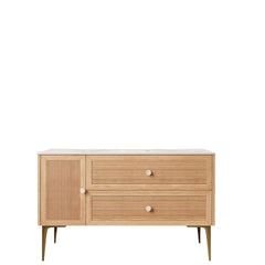 MUNIN 48" Freestanding Bathroom Light Oak Woodgrain Plywood Cabinet with Carrara White Sintered Stone Counter Top, Two Drawers and One Door, NO Basin, NO Faucet and Sink Cover