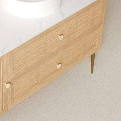 MUNIN 48" Freestanding Bathroom Light Oak Woodgrain Plywood Cabinet with Carrara White Sintered Stone Counter Top, Two Drawers and One Door, NO Basin, NO Faucet and Sink Cover