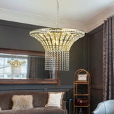 24" Modern Crystal Round Chandelier with Gold Finish, Elegant Pendant Light with Cascading Beads, for Dining Room, Living Room, or Foyer (No Bulbs)