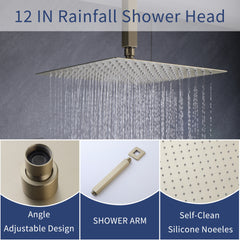 Shower Faucet Set, Shower System Bathroom High Pressure 12 Inches Rainfall Shower Head with Handheld Spray, Wall Mounted Shower Fixtures with Shower Valve and Trim Kit, Brushed Gold