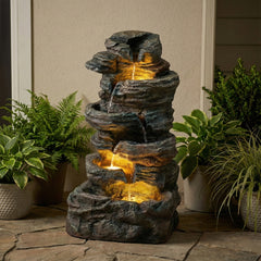 6-Tier Outdoor Cascading Stone Water Fountain with 3 LED Lights, Freestanding Led Fountain Decor for Garden, Patio, Yard & Deck, Natural Rock Appearance