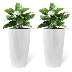 Set of 2 Faux Rattan Tall Planters Outdoor Indoor Large Planters with Water Level Monitor Inner Bucket, Automatic Watering, Flower Plant Pots for Garden, Patio, Porch, Backyard (White, 22 inch )