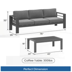 2 Pieces Outdoor Patio Set, All-Weather 75” 3-Seat Metal Patio Sofa Couch with Thick Gray Cushions, Gray Frame and 43” Coffee Table