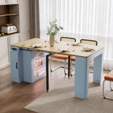 TREXM Extendable Dining Table with 3 Removable Middle Leaves, Mobile Rolling Island Table with Power Outlet, Saving-space Cabinet with Storage for Dining Room and Living Room (GREY BLUE AND NATURAL)