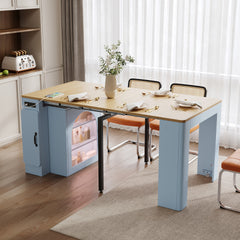 TREXM Extendable Dining Table with 3 Removable Middle Leaves, Mobile Rolling Island Table with Power Outlet, Saving-space Cabinet with Storage for Dining Room and Living Room (GREY BLUE AND NATURAL)