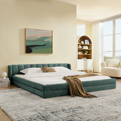 King Size Upholstered Bed Frame with Thick Fabric, comfortable upholstered bed frame, Chenille fabric, with headboard and solid bed frame-Blue+Green(88''*87''*23'')