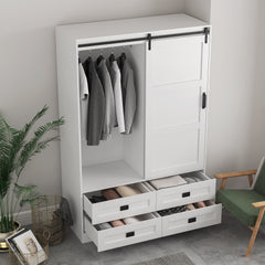 Tall Bedroom Armoire Wardrobe Closet Clothing Storage Cabinet with Hanging Rod Barn Door Drawers Open Shelves