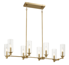 Willow Eight Lights Island With Clear Ribbed Glass Pendant Lamp - Satin Brass