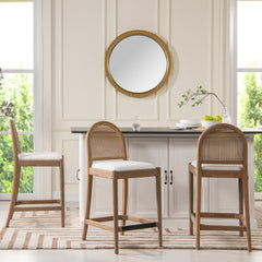 Panama 26.5" Curved Back Cane Rattan Counter Stool, Set of 2, Ivory White Boucle