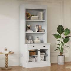 83.4"Tall Bookshelf, Modern Bookcase with 2 Glass Doors and 1 Drawer,Storage Bookcase with Open Shelves for Living Room,Home Office,White