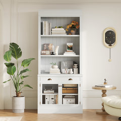 83.4"Tall Bookshelf, Modern Bookcase with 2 Glass Doors and 1 Drawer,Storage Bookcase with Open Shelves for Living Room,Home Office,White