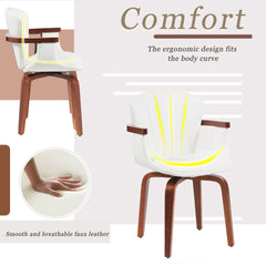 Mid-Century Modern Bentwood Swivel Dining Chairs (Set of 2) – Heat-Pressed PU Leather Accent Chairs in White