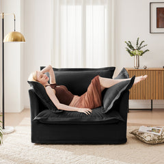 Slip-covered Armchair with 1 Big Back Cushion and 2 Big Toss Pillows, Single Deep Seat Comfy Single Couch Sofa Multiple Large Soft Pillows, Chenille Fabric, Black