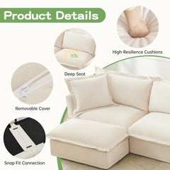 Living Room Sofa Slipcovered Sofa 3 Seater Sofa With 3 Ottomans, Oversized 3-Seat Sleeper Sofa Bed Home Theater Sofa, Chenille, Cream