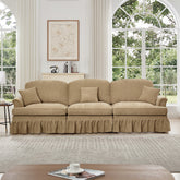 Elegant Mid Century Large 3 Seater Sofa Couch with Flared Arms and Removable Ruffles Pleats Skirts and Spindle Legs, Comfy Chenille Three-Seat Sofa for Living Room, Light Coffee