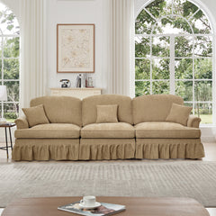 Elegant Mid Century Large 3 Seater Sofa Couch with Flared Arms and Removable Ruffles Pleats Skirts and Spindle Legs, Comfy Chenille Three-Seat Sofa for Living Room, Light Coffee