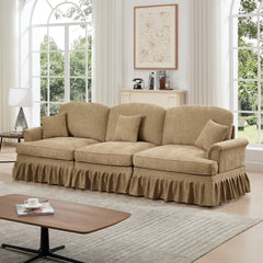 Elegant Mid Century Large 3 Seater Sofa Couch with Flared Arms and Removable Ruffles Pleats Skirts and Spindle Legs, Comfy Chenille Three-Seat Sofa for Living Room, Light Coffee
