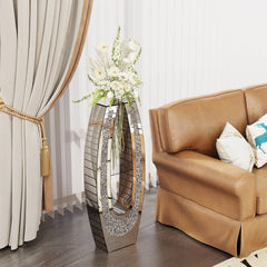 35.82"U-shaped Tall silver glass acrylic crushed diamond floor vase, transparent glass body modern decorative mirror vase, large home decor living room entrance, office vase