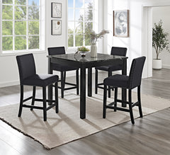 5pc Counter Height Dining Set Square Faux Marble Table Upholstered Chairs Tufted Nail head Wooden Leg Dining Room Furniture All Black