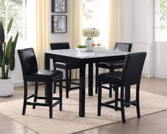 5pc Counter Height Dining Set Square White Faux Marble Table Faux Leather Upholstered Chairs Wooden Leg Dining Room Furniture Black