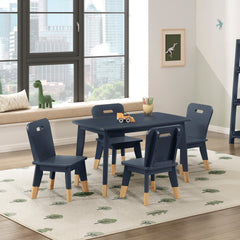 Navy Blue Finish 5-Piece Pack Children Table and Chairs Set Sturdy Wood Frame Furniture, Small Play Table with Chairs