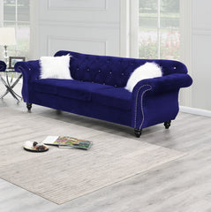 2pc Sofa Set Living Room Furniture Indigo Velvet Upholstered Sofa Loveseat Crystal Tufted Seat Couch