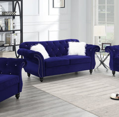 2pc Sofa Set Living Room Furniture Indigo Velvet Upholstered Sofa Loveseat Crystal Tufted Seat Couch