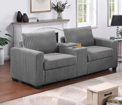 Smoke Finish 2pc Sofa Set Back Cushion Plastic Legs Cup Holders Charging Port Corduroy Upholstered Modern Primary Living Room