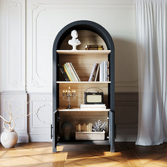 66.70 inch Tall Arched Bookcase with Storage, Mid-Century Modern 3-Tier Arched Cabinet with Door, Arched Bookshelf Cabinet with Open Display Storage Shelf for Office Dining Room Living Room (Black)