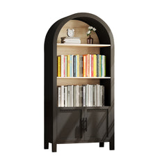 66.70 inch Tall Arched Bookcase with Storage, Mid-Century Modern 3-Tier Arched Cabinet with Door, Arched Bookshelf Cabinet with Open Display Storage Shelf for Office Dining Room Living Room (Black)