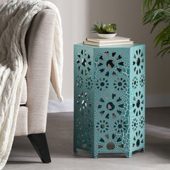 Galore 14" Side Table with Sunburst Cut Out Design, Teal