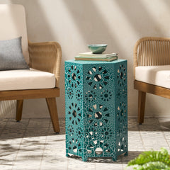 Galore 14" Side Table with Sunburst Cut Out Design, Teal